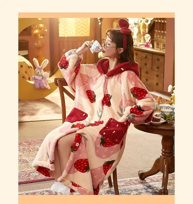 بيجامات شتوية للنساء، رداء طويل بغطاء للرأس برسومات كرتونية على شكل فراولة، ملابس منزلية لطيفة، ملابس نوم كاواي فلانل، رداء حمام دافئ ومريح