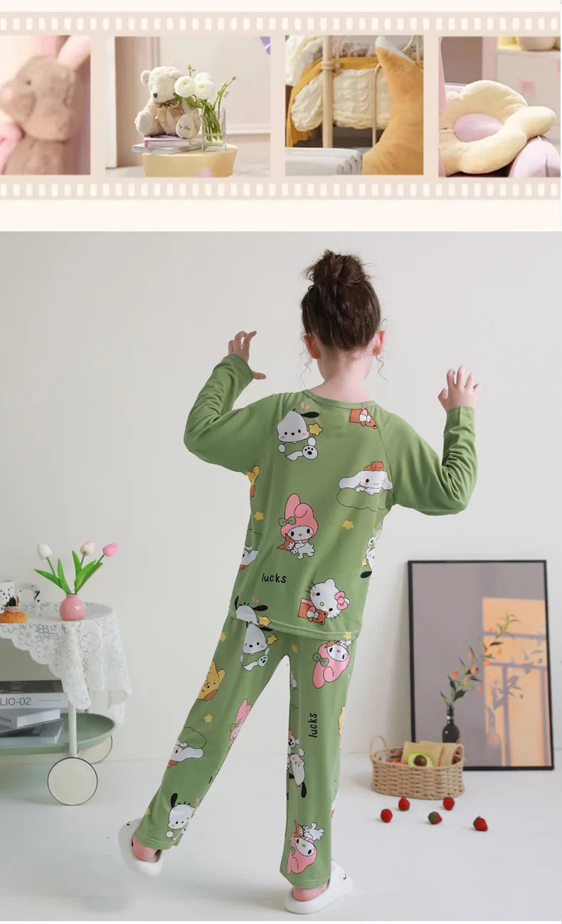 بيجامات أطفال من سانريو كورومي ماي ميلودي كاواي بوشاكو سينامورول قطن خالص بأكمام طويلة طقم ملابس نوم منزلي للأطفال برسومات كرتونية