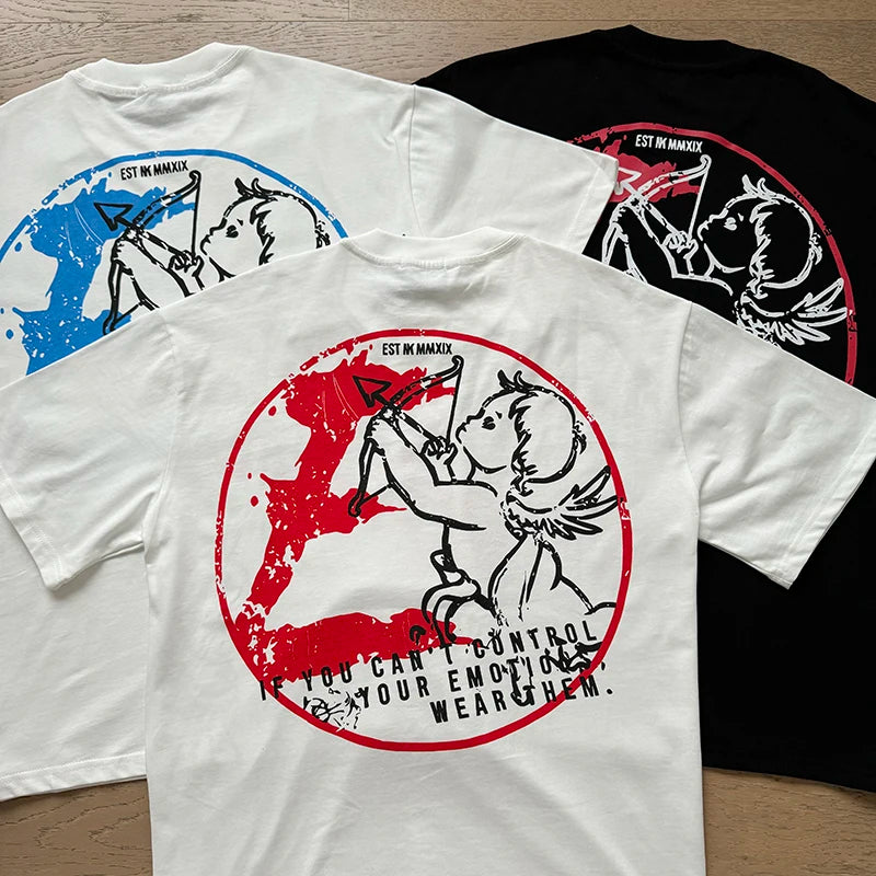 تي شيرت رجالي ونسائي فضفاض كاجوال برقبة دائرية وأكمام قصيرة، مطبوع عليه ملاك من High Street Fashion Hot Drill Streetwear MIXED EMOTION