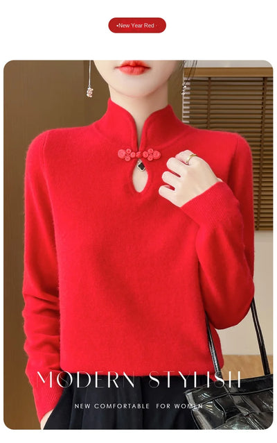 سترة نسائية جديدة محبوكة من الصوف على الطراز الصيني لفصل الخريف والشتاء بياقة واقفة ومزاجية أنيقة ZD-3012