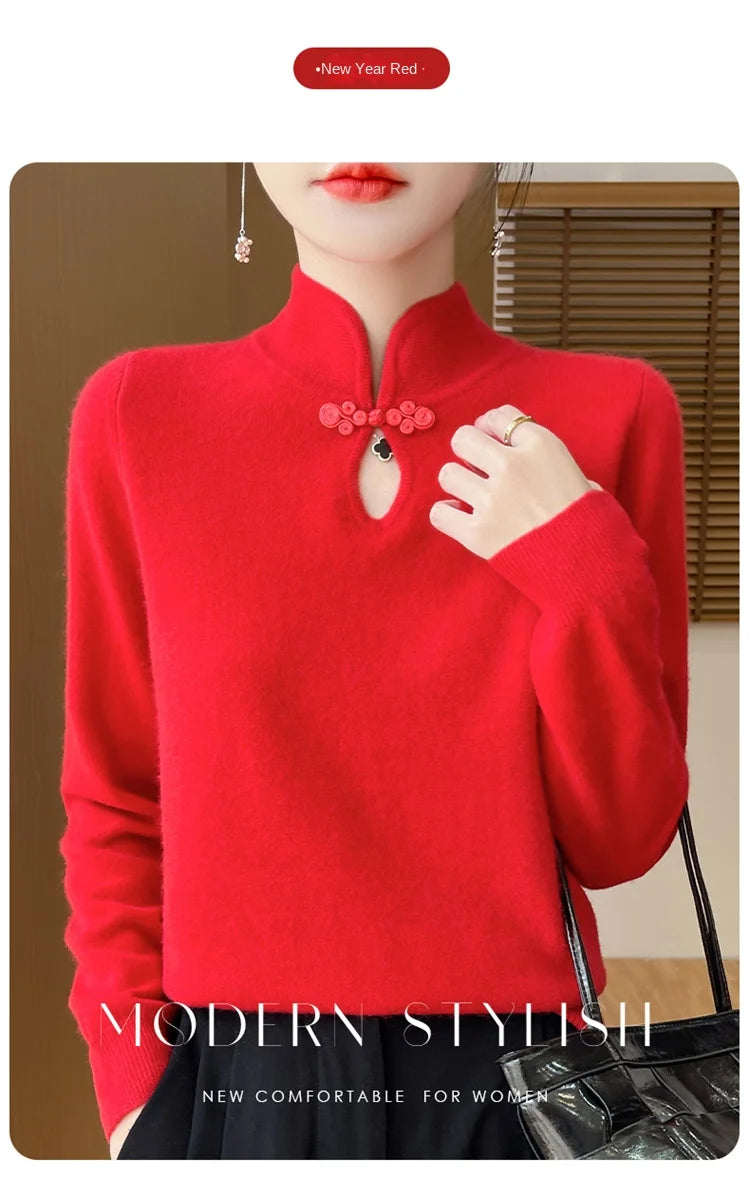 سترة نسائية جديدة محبوكة من الصوف على الطراز الصيني لفصل الخريف والشتاء بياقة واقفة ومزاجية أنيقة ZD-3012