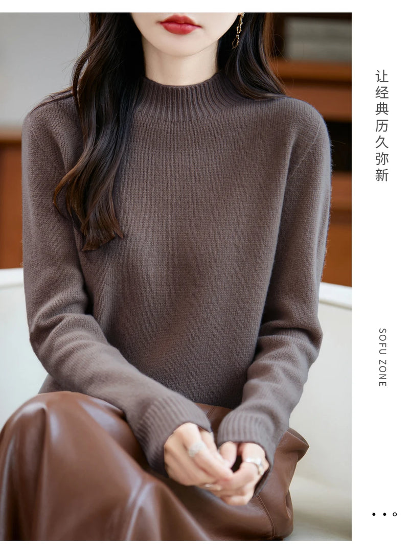 سترة نسائية أساسية للخريف والشتاء أنيقة سميكة من صوف ميرينو 100% محبوكة برقبة وهمية وملابس بأكمام طويلة