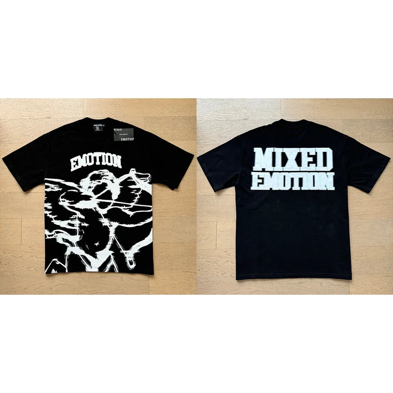 تي شيرت رجالي ونسائي فضفاض كاجوال برقبة دائرية وأكمام قصيرة، مطبوع عليه ملاك من High Street Fashion Hot Drill Streetwear MIXED EMOTION
