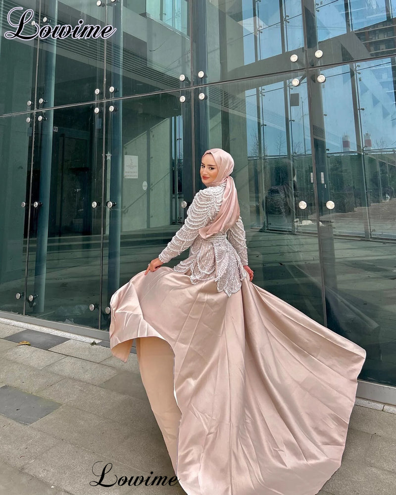 فساتين المشاهير بلون الشمبانيا من الشرق الأوسط مع ذيل قابل للفصل، فساتين المناسبات الرسمية الإسلامية، فساتين حورية البحر، فساتين السهرة