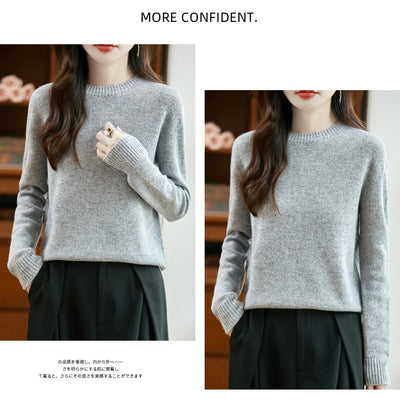 سترة نسائية أساسية للخريف والشتاء أنيقة من صوف ميرينو 100% محبوكة برقبة دائرية وأكمام طويلة وقماش جيرسي للسيدات