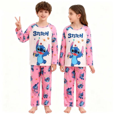 طقم بيجامات بأكمام طويلة بطبعة كرتونية للبنات - ملابس نوم وردية لطيفة من بيجامات ستيتش فيلز بيجامات نافيدينا ملابس نوم مريحة