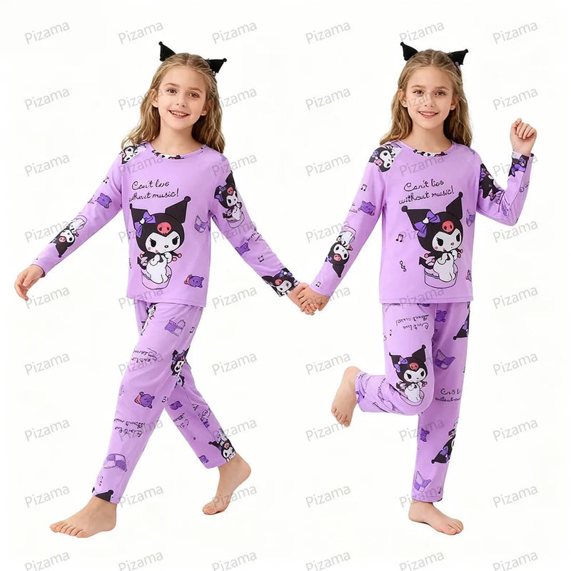 طقم بيجامات كورومي الكرتونية للأطفال - ملابس نوم بأكمام طويلة للبنات - بيجامات سانريو لطيفة ومريحة للأطفال البنات - ملابس منزلية