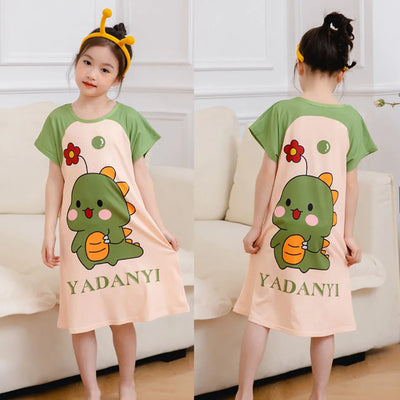 Summer Sleepwear for Girls Short-Sleeve Cartoon Unicorn Dino Nightgown Children Sleeping Clothes for Little Kids Bedtime Dress