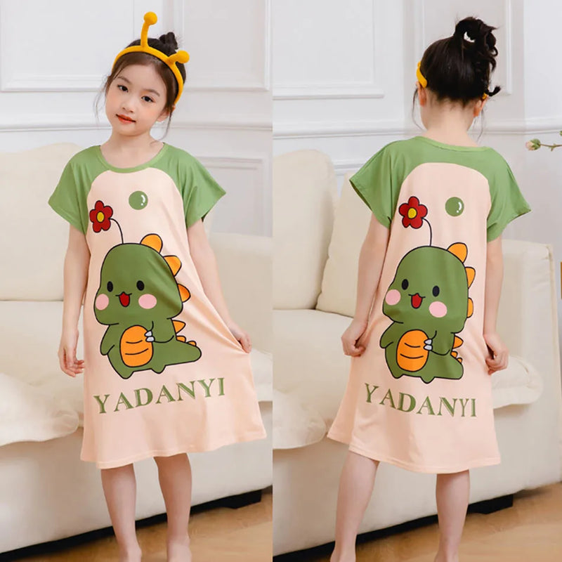 Summer Sleepwear for Girls Short-Sleeve Cartoon Unicorn Dino Nightgown Children Sleeping Clothes for Little Kids Bedtime Dress