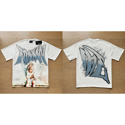 تي شيرت رجالي ونسائي فضفاض كاجوال برقبة دائرية وأكمام قصيرة، مطبوع عليه ملاك من High Street Fashion Hot Drill Streetwear MIXED EMOTION