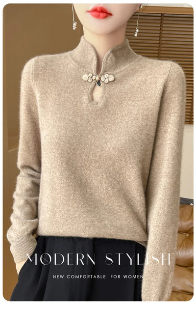 سترة نسائية جديدة محبوكة من الصوف على الطراز الصيني لفصل الخريف والشتاء بياقة واقفة ومزاجية أنيقة ZD-3012