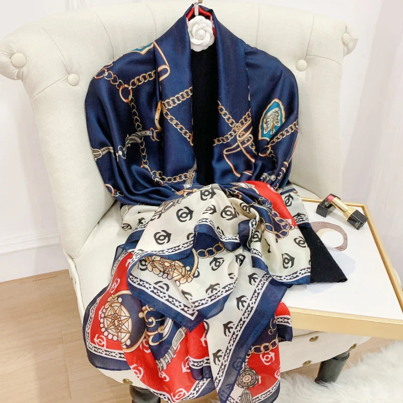 180*90 سم أوشحة حريرية كلاسيكية مطبوعة على الشاطئ الصيفي، شال نسائي، وشاح نسائي، غطاء رأس، وشاح، وشاح شيفون، حجاب نسائي