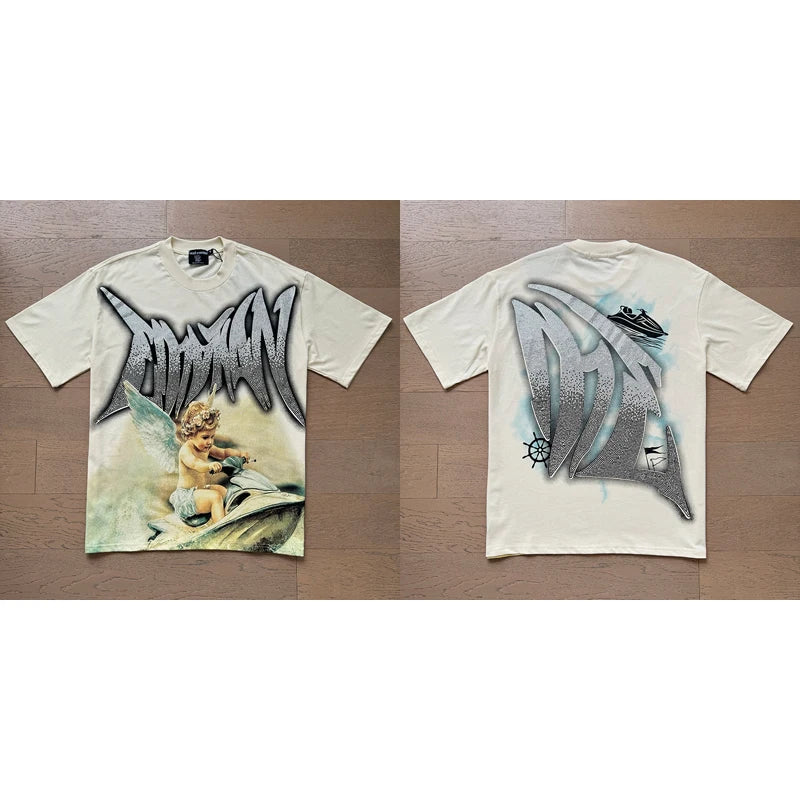 تي شيرت رجالي ونسائي فضفاض كاجوال برقبة دائرية وأكمام قصيرة، مطبوع عليه ملاك من High Street Fashion Hot Drill Streetwear MIXED EMOTION