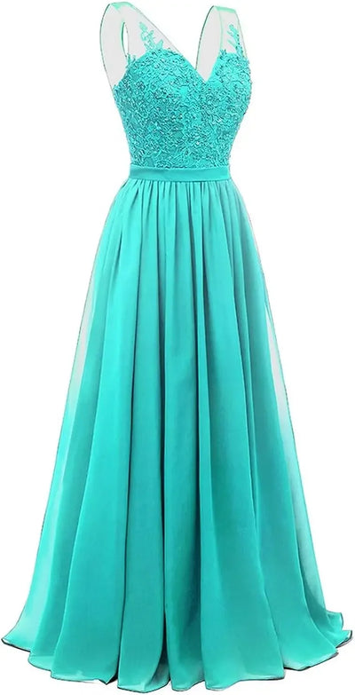 فساتين وصيفات العروس من الشيفون باللون الفيروزي بفتحة على شكل حرف V، طويلة من الدانتيل، مطرزة بالخرز، فساتين سهرة رسمية، توصيل مجاني، ضيف، حفل زفاف