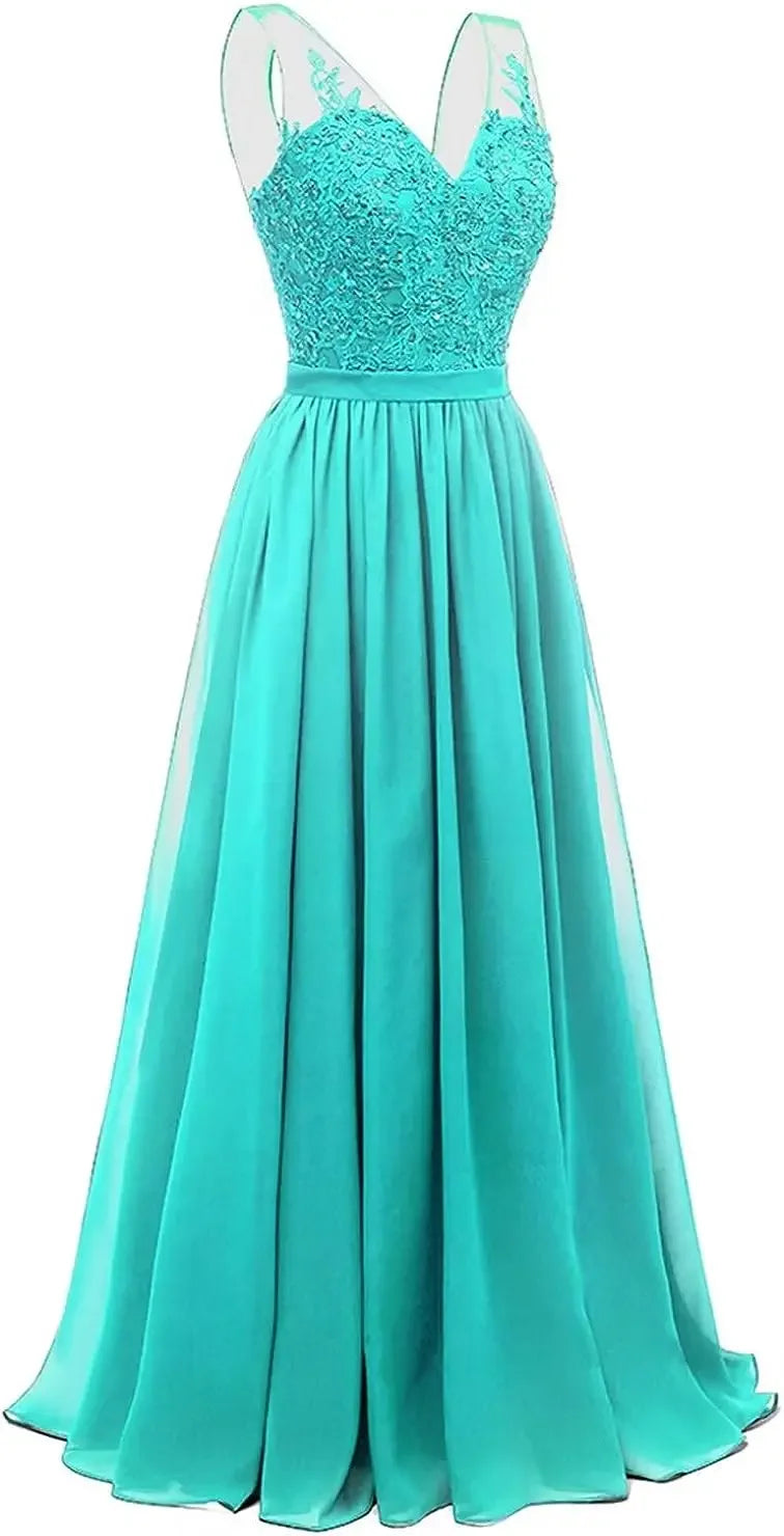 فساتين وصيفات العروس من الشيفون باللون الفيروزي بفتحة على شكل حرف V، طويلة من الدانتيل، مطرزة بالخرز، فساتين سهرة رسمية، توصيل مجاني، ضيف، حفل زفاف