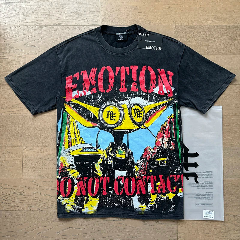 تي شيرت رجالي ونسائي فضفاض كاجوال برقبة دائرية وأكمام قصيرة، مطبوع عليه ملاك من High Street Fashion Hot Drill Streetwear MIXED EMOTION