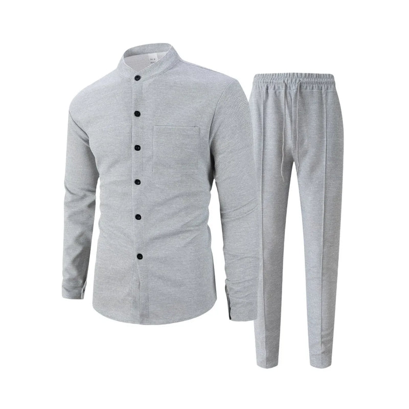 بدلة رجالية جديدة لفصل الخريف، قميص وافل سادة اللون بأكمام طويلة مع كارديجان بجيب، مجموعة ملابس رجالية أنيقة غير رسمية مع بنطلون طويل