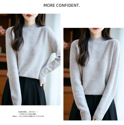 سترة نسائية أساسية للخريف والشتاء أنيقة سميكة من صوف ميرينو 100% محبوكة برقبة وهمية وملابس بأكمام طويلة