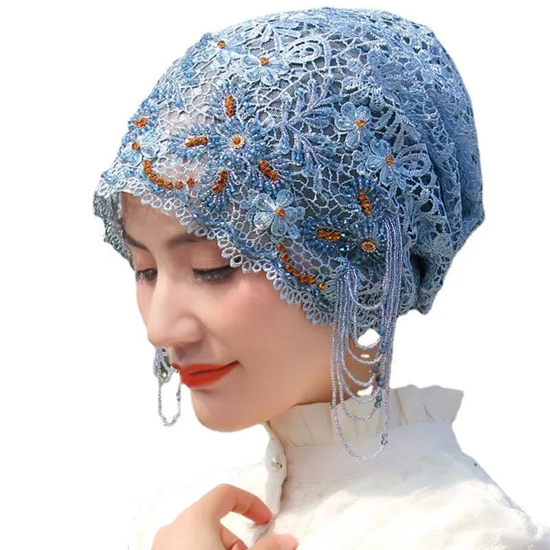 حجابات نسائية مسلمة مطرزة بالخرز الأسود، قبعات صلاة عيد رمضان، قبعات حفلات مسائية فاخرة، قبعات كوفية، عمامة، أوشحة إسلامية