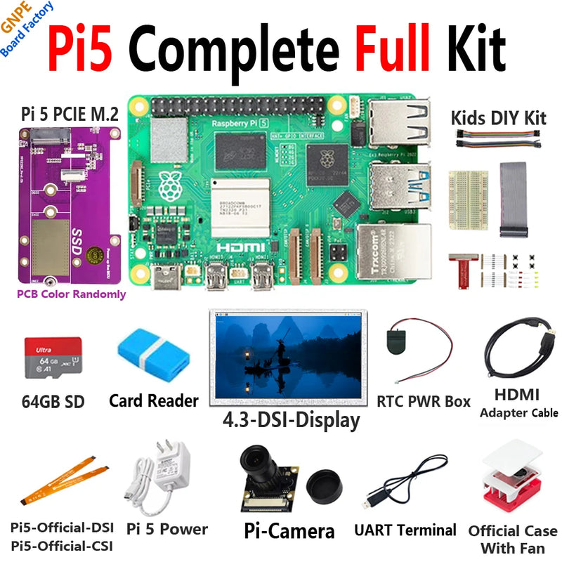 مجموعة Raspberry Pi 5 الكاملة أو لوحة PI5 4GB 8GB PCIE-NVME-SSD + شاشة LCD + علبة + طاقة + DIY + كابل UART + RTC-BOX + SD