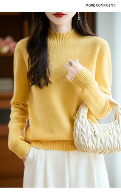 سترة نسائية أساسية للخريف والشتاء أنيقة سميكة من صوف ميرينو 100% محبوكة برقبة وهمية وملابس بأكمام طويلة