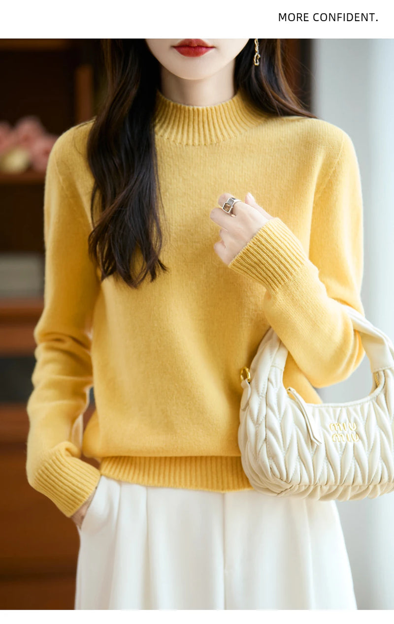 سترة نسائية أساسية للخريف والشتاء أنيقة سميكة من صوف ميرينو 100% محبوكة برقبة وهمية وملابس بأكمام طويلة