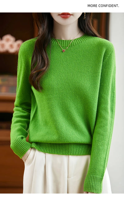 سترة نسائية أساسية للخريف والشتاء أنيقة من صوف ميرينو 100% محبوكة برقبة دائرية وأكمام طويلة وقماش جيرسي للسيدات