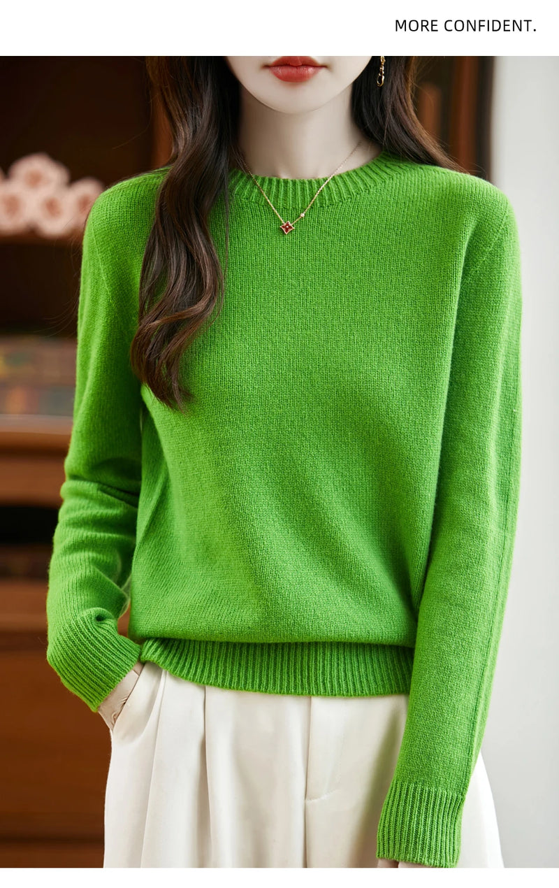 سترة نسائية أساسية للخريف والشتاء أنيقة من صوف ميرينو 100% محبوكة برقبة دائرية وأكمام طويلة وقماش جيرسي للسيدات