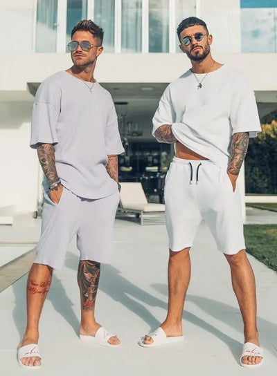 تي شيرت رجالي صيفي فضفاض بأكمام قصيرة مطبوع عليه دب مرح لعام 2024، بدلة زوجية يومية للخروج في الشارع، شورت صيفي مكون من قطعتين للرجال