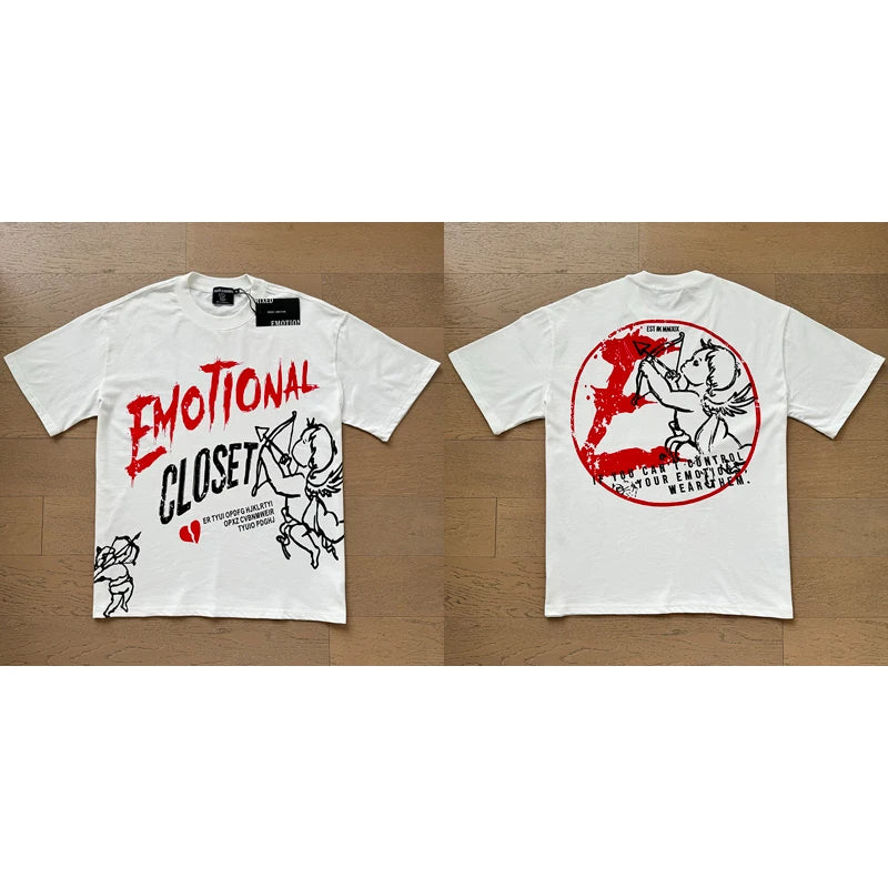 تي شيرت رجالي ونسائي فضفاض كاجوال برقبة دائرية وأكمام قصيرة، مطبوع عليه ملاك من High Street Fashion Hot Drill Streetwear MIXED EMOTION