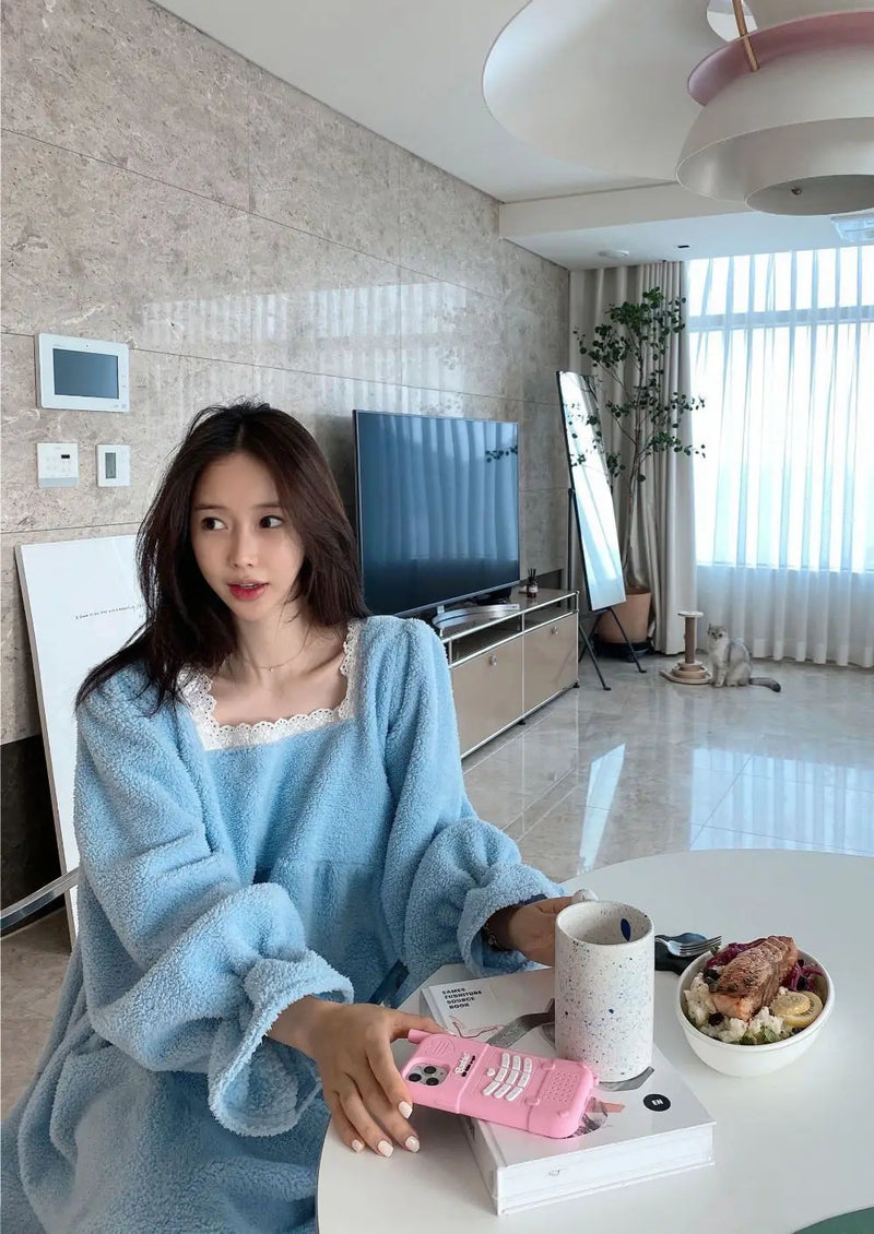 قميص نوم شتوي بأكمام طويلة من الفلانيل للنساء، ملابس نوم فضفاضة سادة، ملابس نوم سميكة ودافئة، ملابس نوم منزلية مريحة