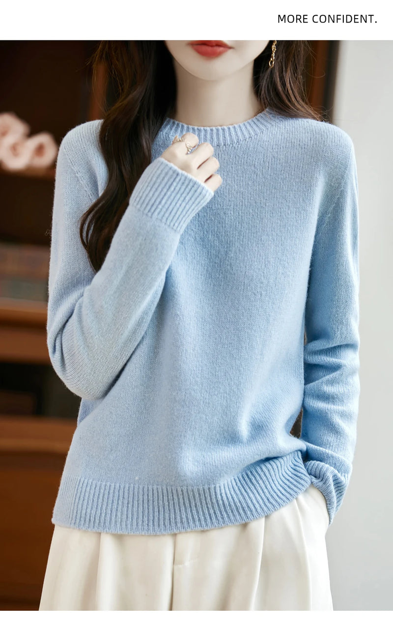 سترة نسائية أساسية للخريف والشتاء أنيقة من صوف ميرينو 100% محبوكة برقبة دائرية وأكمام طويلة وقماش جيرسي للسيدات