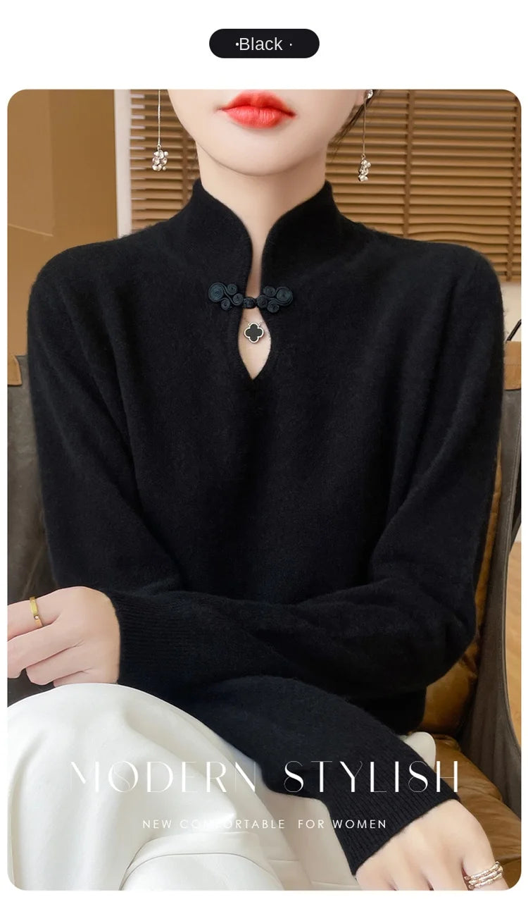 سترة نسائية جديدة محبوكة من الصوف على الطراز الصيني لفصل الخريف والشتاء بياقة واقفة ومزاجية أنيقة ZD-3012