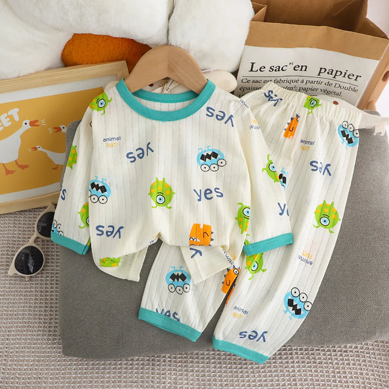 طقم بيجامات صيفي لطيف ومريح للأطفال بأكمام طويلة وملابس نوم قطنية وغرف مكيفة