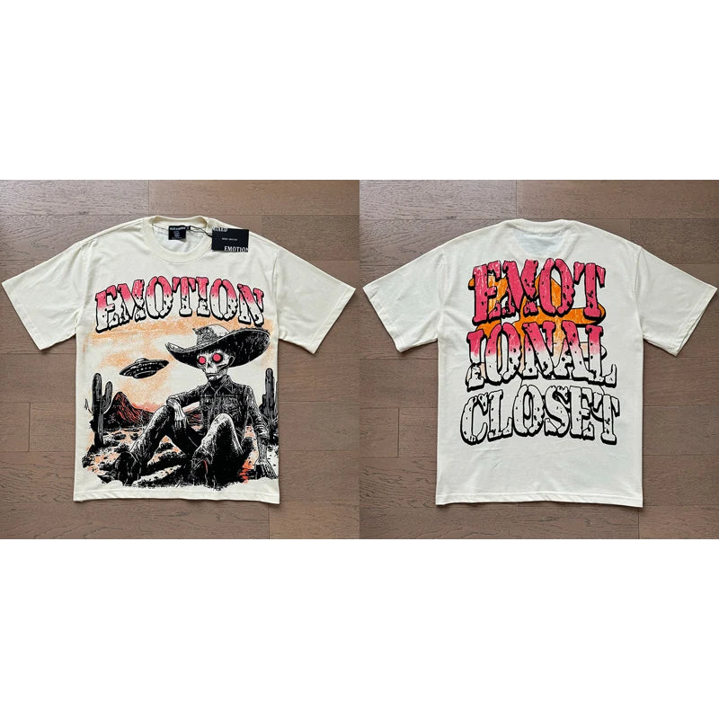 تي شيرت رجالي ونسائي فضفاض كاجوال برقبة دائرية وأكمام قصيرة، مطبوع عليه ملاك من High Street Fashion Hot Drill Streetwear MIXED EMOTION