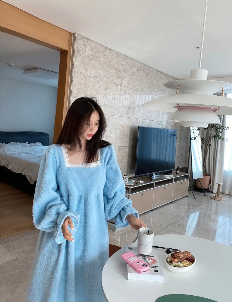 قميص نوم شتوي بأكمام طويلة من الفلانيل للنساء، ملابس نوم فضفاضة سادة، ملابس نوم سميكة ودافئة، ملابس نوم منزلية مريحة