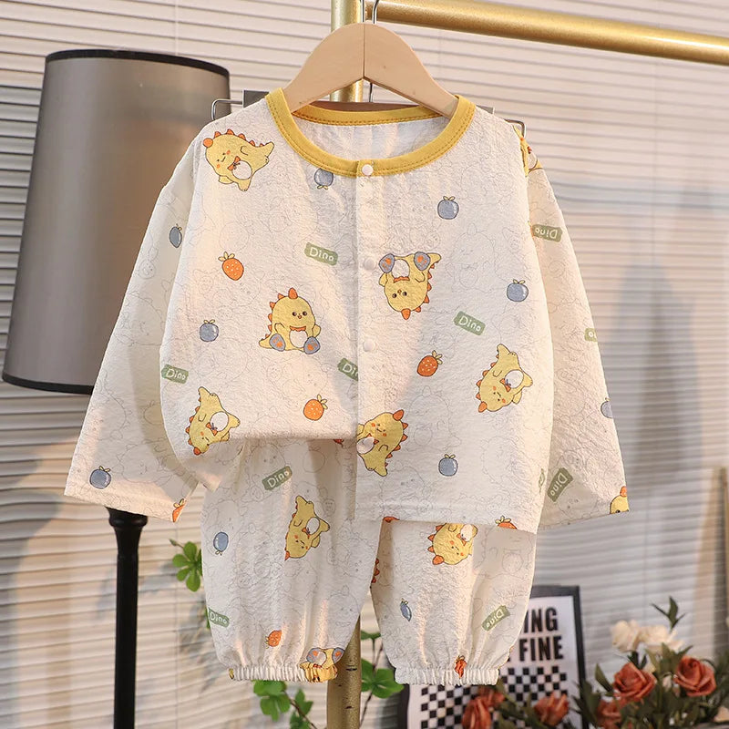 ملابس نوم جديدة للأطفال برسومات كرتونية لطيفة، قطعتين، بيجامات منزلية رقيقة للربيع والصيف للأولاد والبنات، ملابس مكيفة