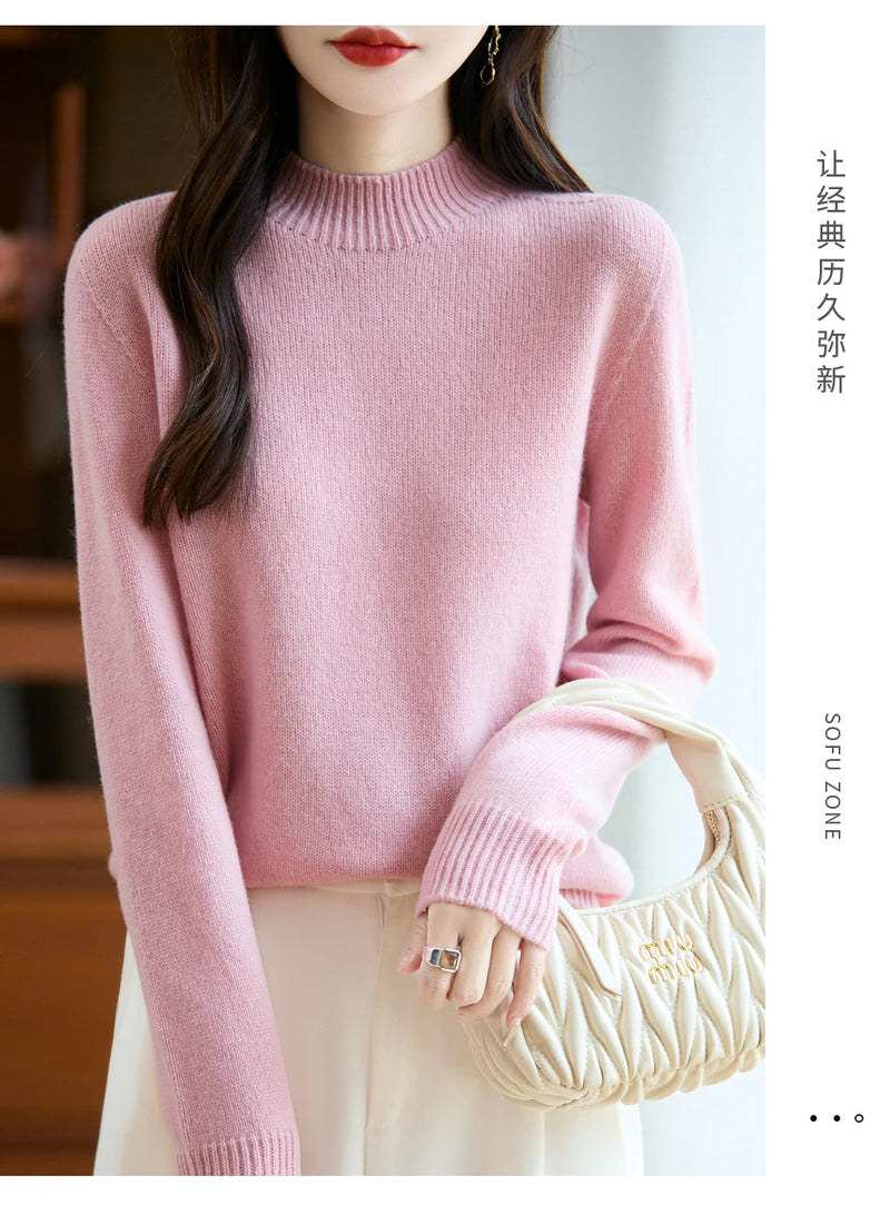 سترة نسائية أساسية للخريف والشتاء أنيقة سميكة من صوف ميرينو 100% محبوكة برقبة وهمية وملابس بأكمام طويلة