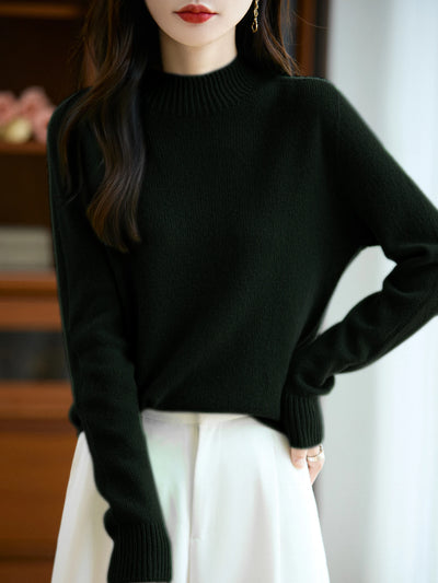 سترة نسائية أساسية للخريف والشتاء أنيقة سميكة من صوف ميرينو 100% محبوكة برقبة وهمية وملابس بأكمام طويلة