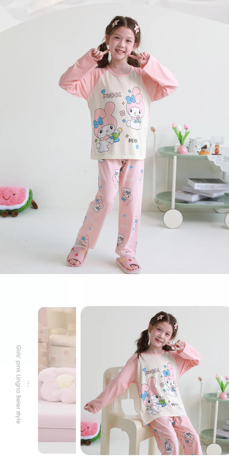 بيجامات أطفال من سانريو كورومي ماي ميلودي كاواي بوشاكو سينامورول قطن خالص بأكمام طويلة طقم ملابس نوم منزلي للأطفال برسومات كرتونية