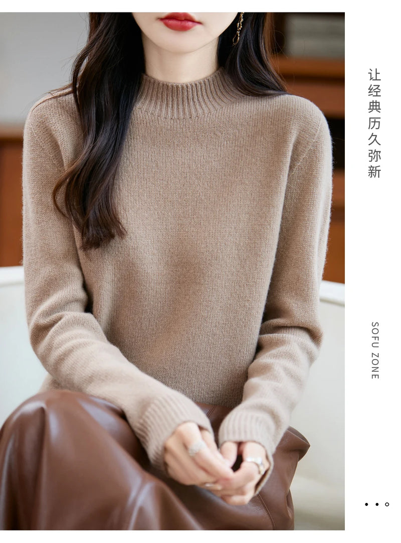 سترة نسائية أساسية للخريف والشتاء أنيقة سميكة من صوف ميرينو 100% محبوكة برقبة وهمية وملابس بأكمام طويلة