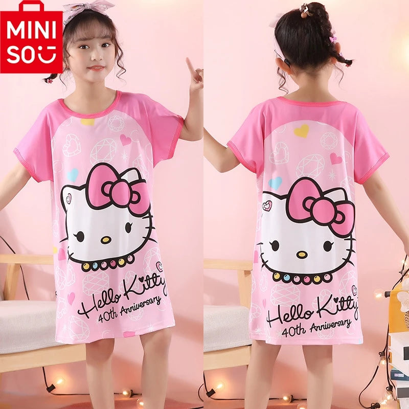 ملابس منزلية للأطفال من MINISO فستان نوم صيفي بأكمام قصيرة من Disney Hello Kitty Cat، بيجامات للبنات الصغار، ثوب نوم، ملابس نوم