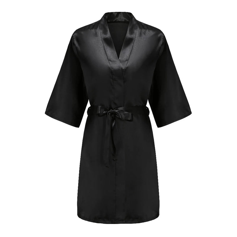 رداء نسائي أسود من الساتان الحريري لحفلات الزفاف وحفلات الزفاف ووصيفات العروس وأرواب كيمونو وملابس نوم