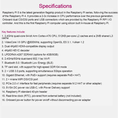 لوحة تطوير Raspberry Pi 5 بسعة 4 جيجابايت/8 جيجابايت ومجموعة برامج LINUX وبرمجة الذكاء الاصطناعي للكمبيوتر واللوحة الأم Raspberry Pi 5 بسعة 4 جيجابايت/8 جيجابايت