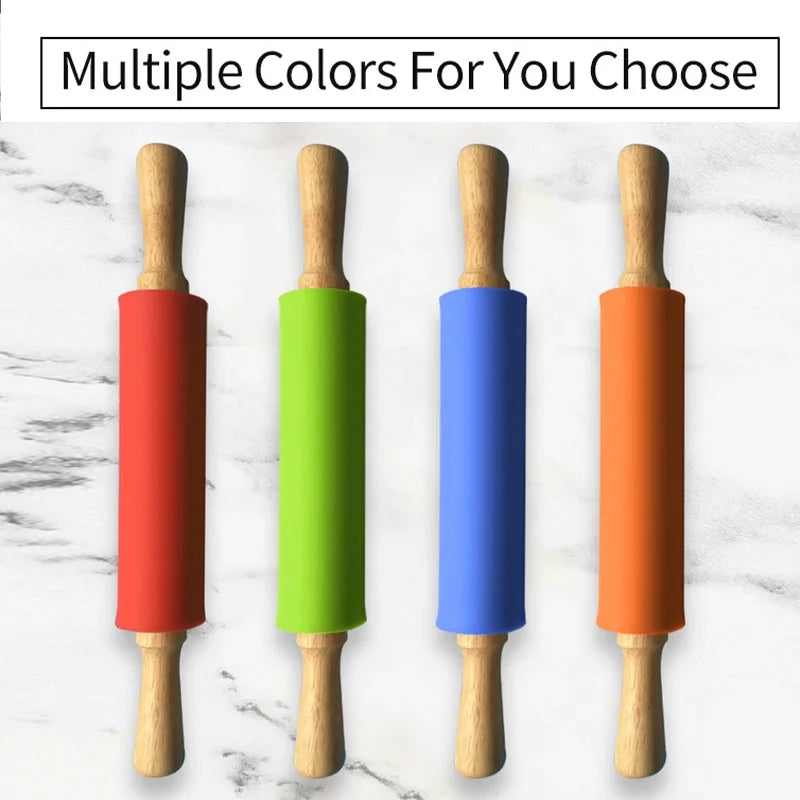 دبوس عجن غير لاصق من السيليكون بمقبض خشبي، أداة مطبخ للطبخ والخبز، عجينة المعكرونة والبسكويت