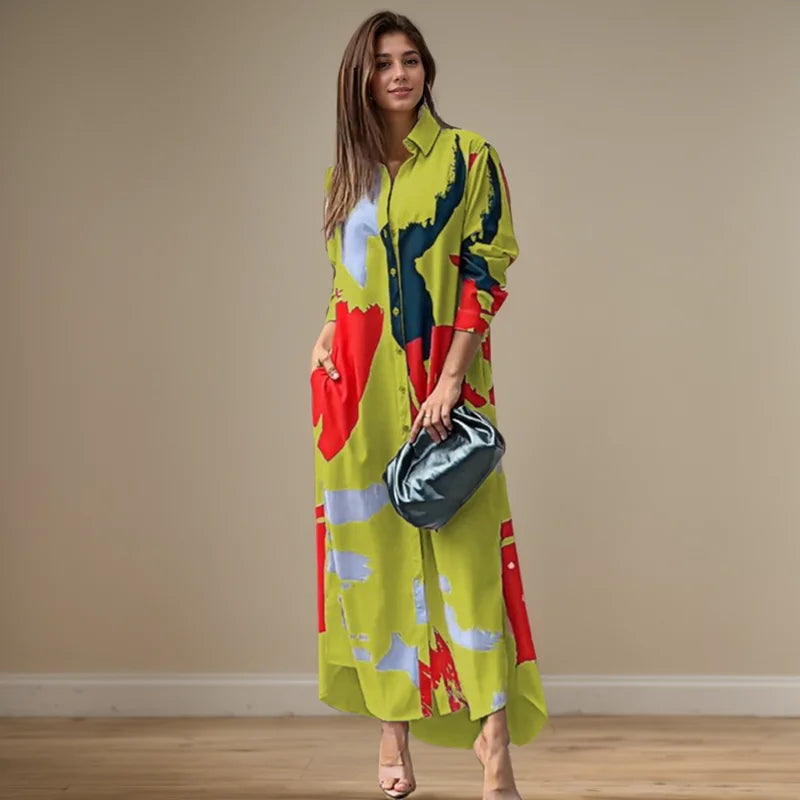 فستان طويل أنيق مثير بفتحة جانبية وياقة مطوية ومطبوع بأكمام طويلة وجيب وصدر واحد