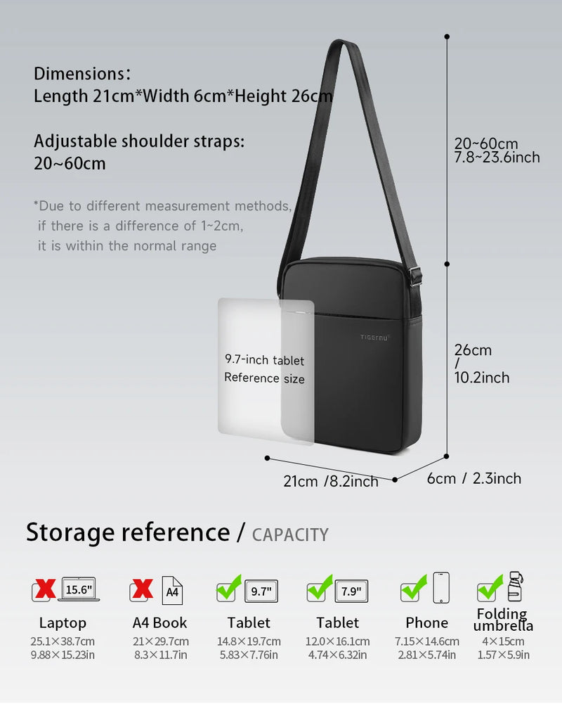 حقائب كتف من Tigernu للرجال، حقائب رسول، حقائب كروسبودي من مادة TPU، حقيبة أنيقة للرجال لأجهزة iPad مقاس 9.7 بوصة، حقيبة سفر صغيرة بحزام