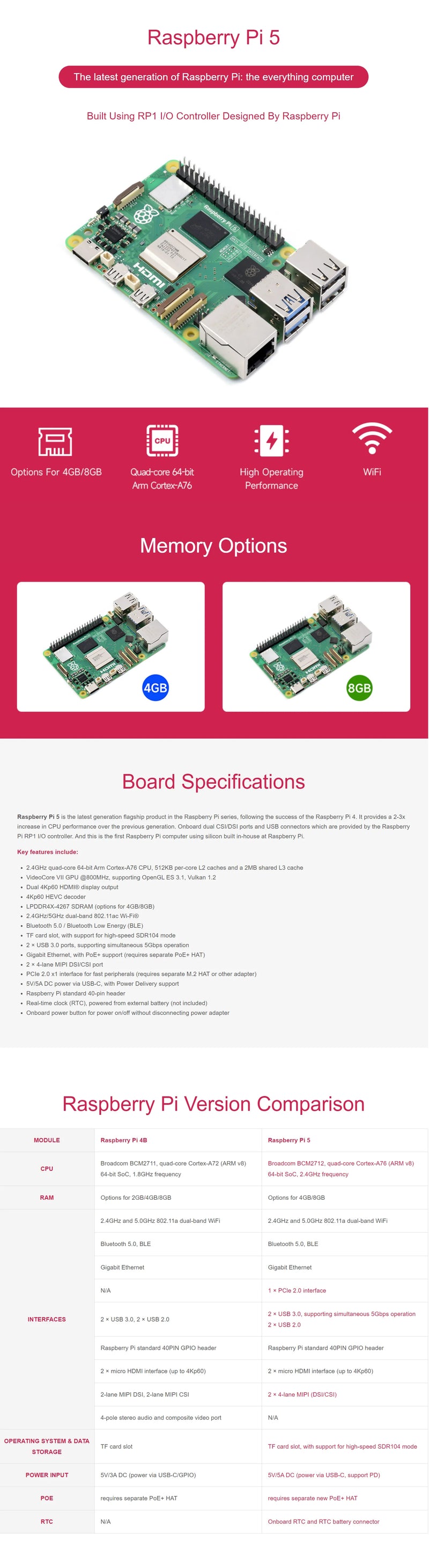 جهاز Raspberry Pi 5 الرسمي بسعة 16 جيجابايت و8 جيجابايت و2 جيجابايت و4 جيجابايت وجهاز كمبيوتر محمول صغير ومعالج BCM2712 ولوحة تطوير Raspberry Pi Bluebooth 5.0