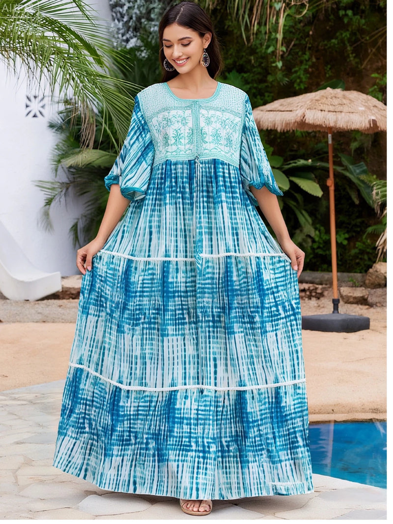 فستان صيفي جديد لعام 2025 عباية إسلامية بأكمام قصيرة وخصر مجمع مزهر فضفاض من بوبو ماكسي إسلامي للنساء ملابس عباية أفريقية