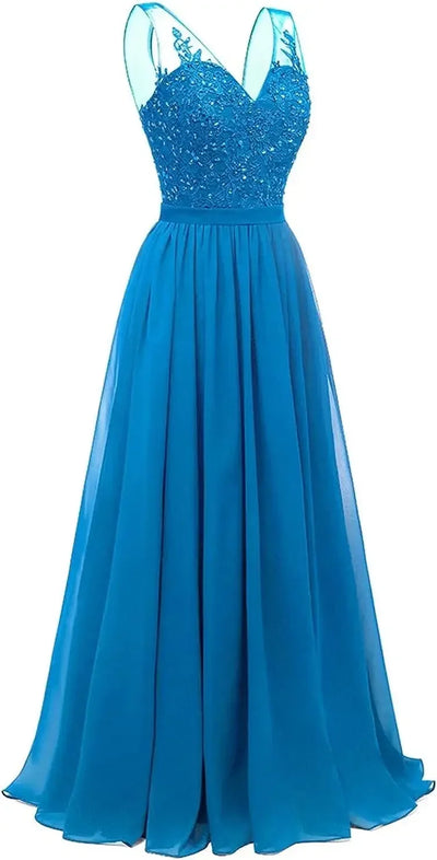 فساتين وصيفات العروس من الشيفون باللون الفيروزي بفتحة على شكل حرف V، طويلة من الدانتيل، مطرزة بالخرز، فساتين سهرة رسمية، توصيل مجاني، ضيف، حفل زفاف